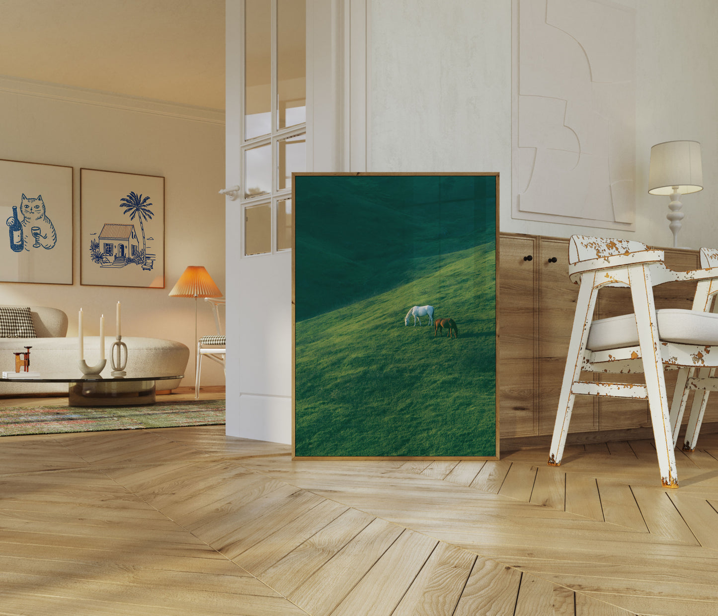 Horses Grazing on Mountain Slope Poster