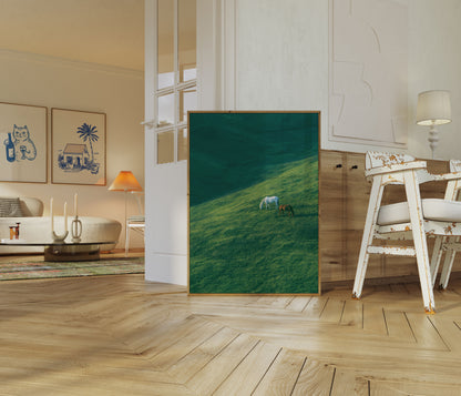 Horses Grazing on Mountain Slope Poster