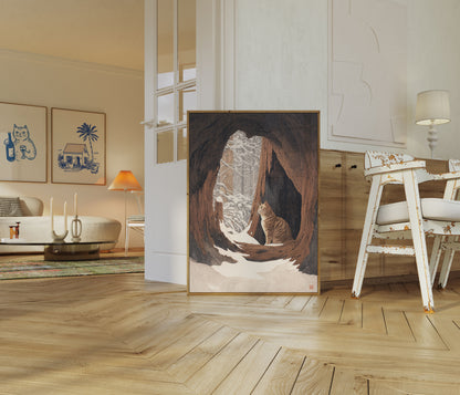Cat in Snowy Forest Cave Poster