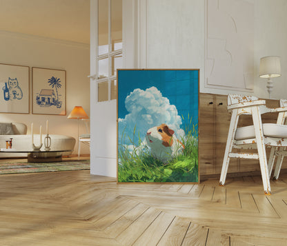 Póster de conejillo de indias con cielo nublado