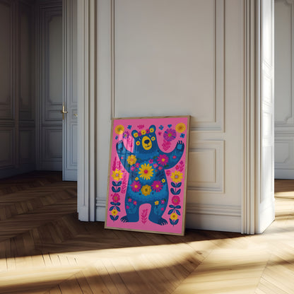 Cheerful Bear With Flowers Poster