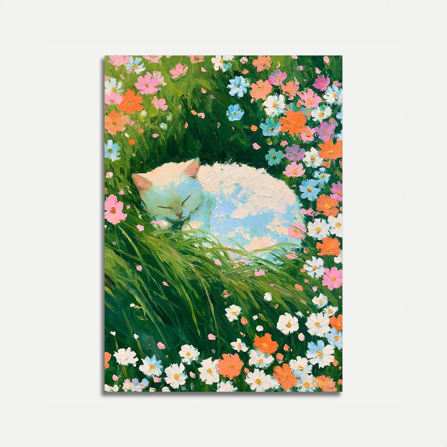Sleeping Cat in Flower Garden Poster