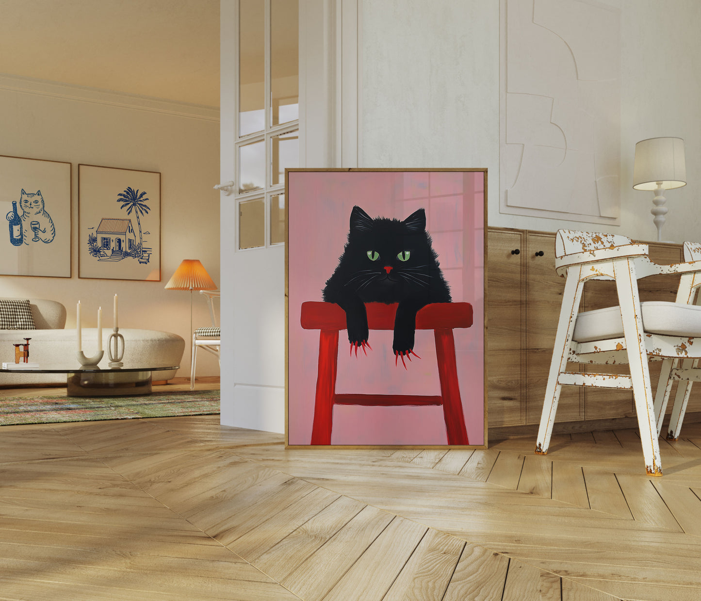 Noir Cat on Red Stool Poster