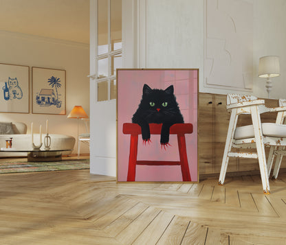 Noir Cat on Red Stool Poster
