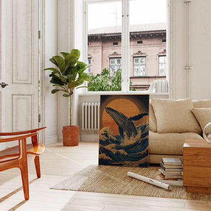 Porušující velryba oceánský západ slunce plakát