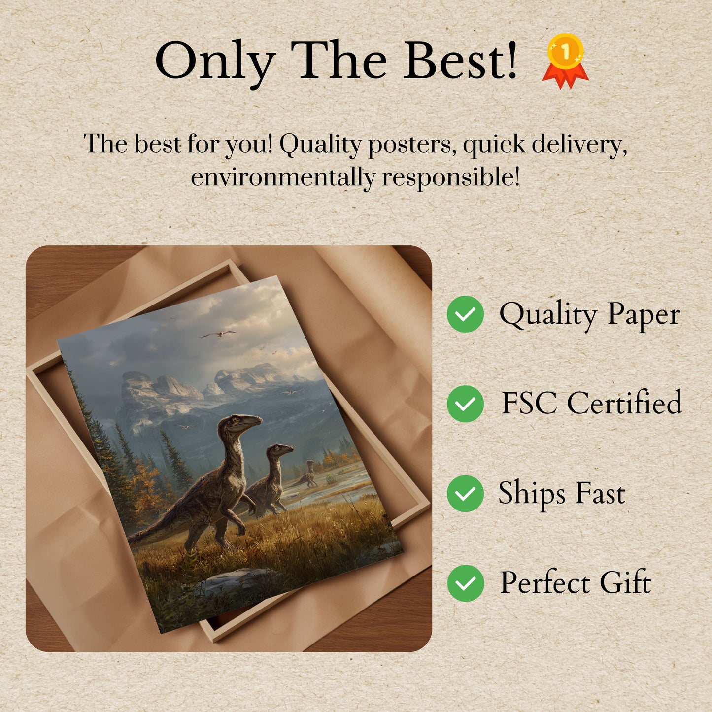 Póster de velociraptor de montaña prehistórico