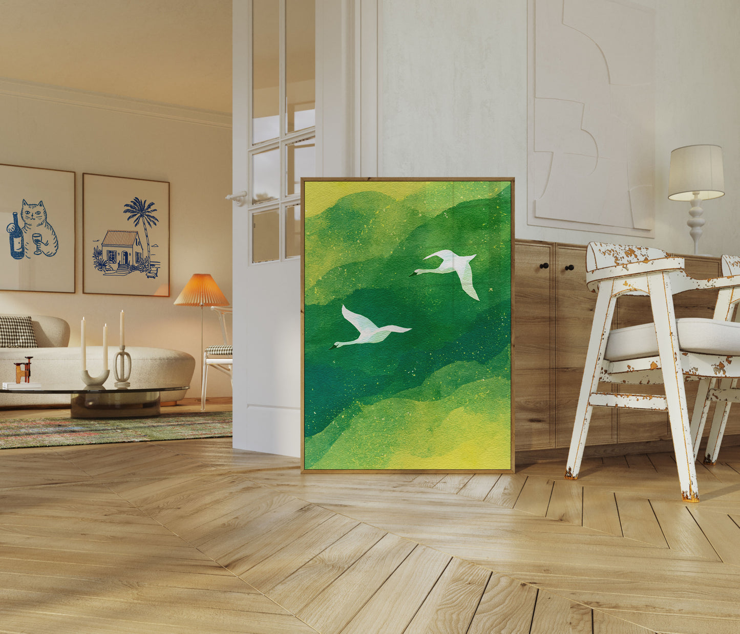 Flying Swans Over Green Waters Poster