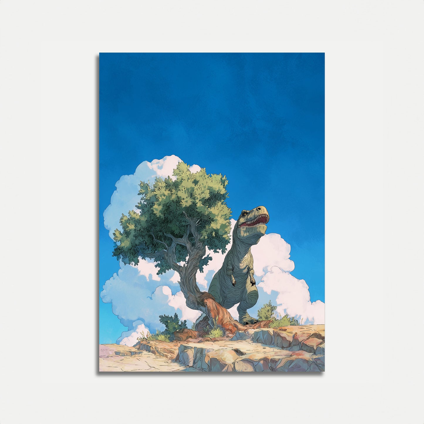 Póster de dinosaurio y árbol antiguo