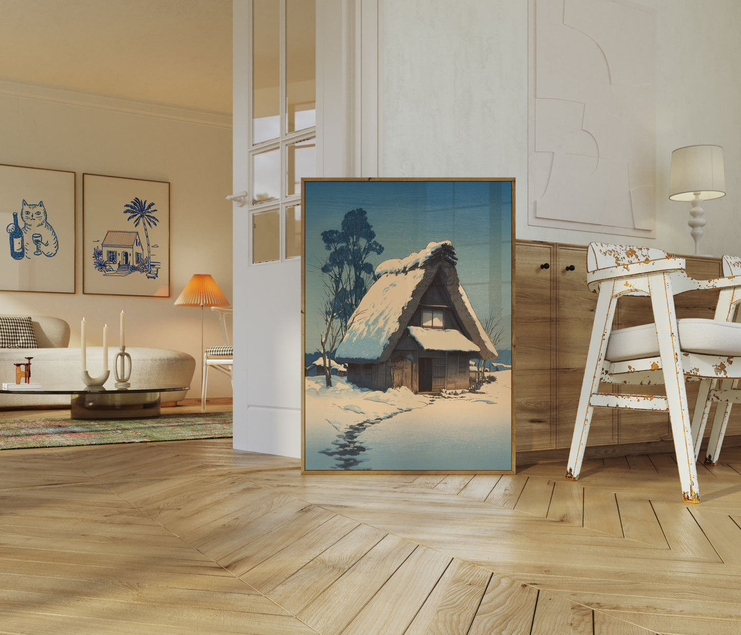 Snöig stuga vinterlandskapaffisch