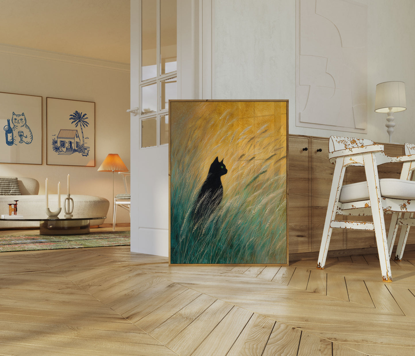 Schwarze Katze im goldenen Weizen Poster