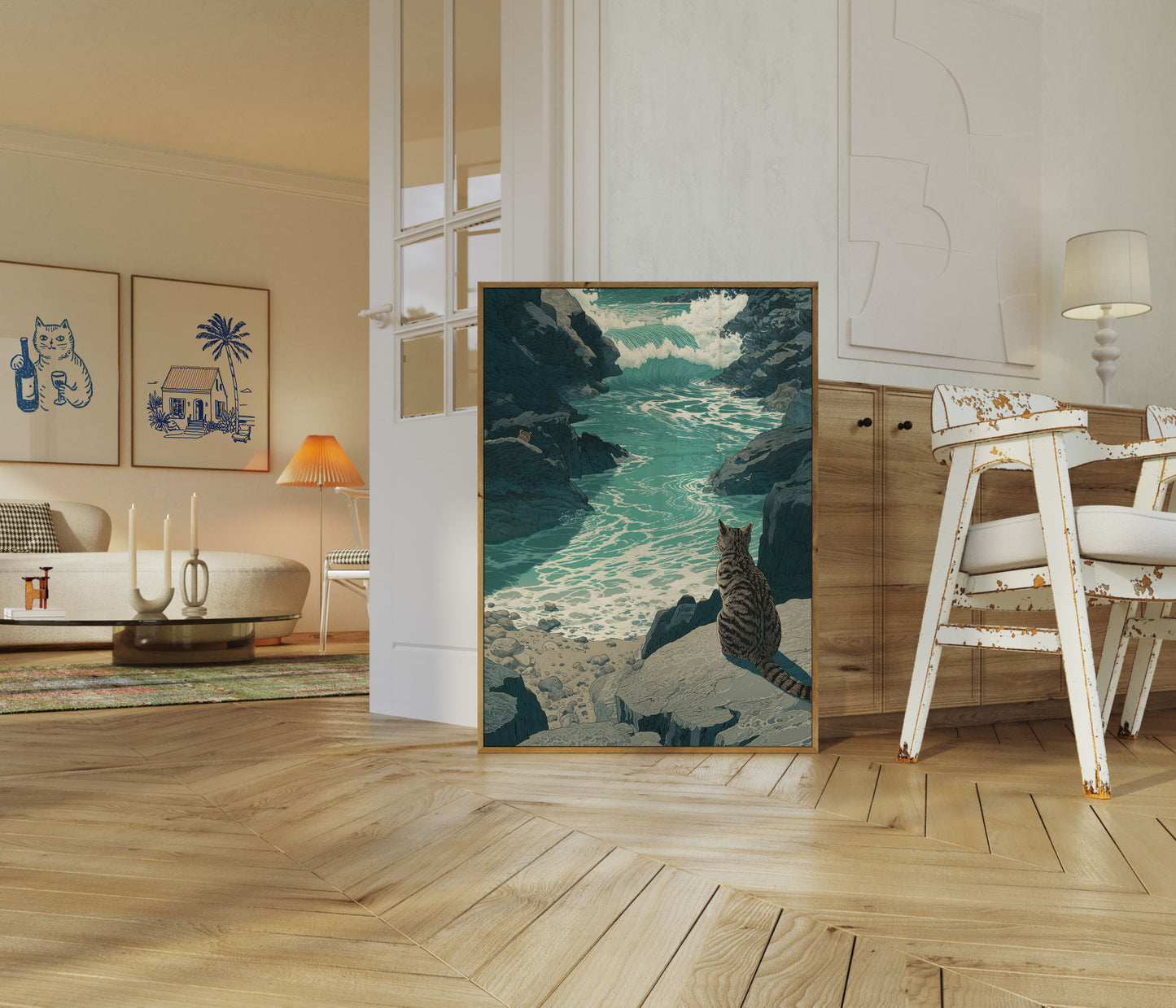 Affiche Chat Regardant les Vagues de l'Océan