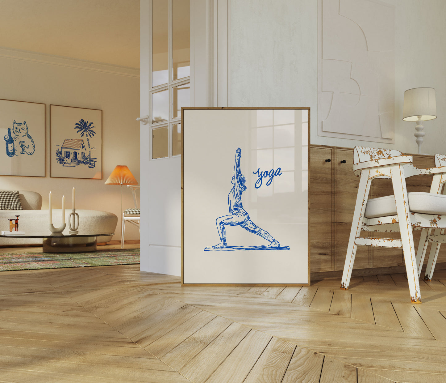 Affiche minimaliste bleue de posture de yoga