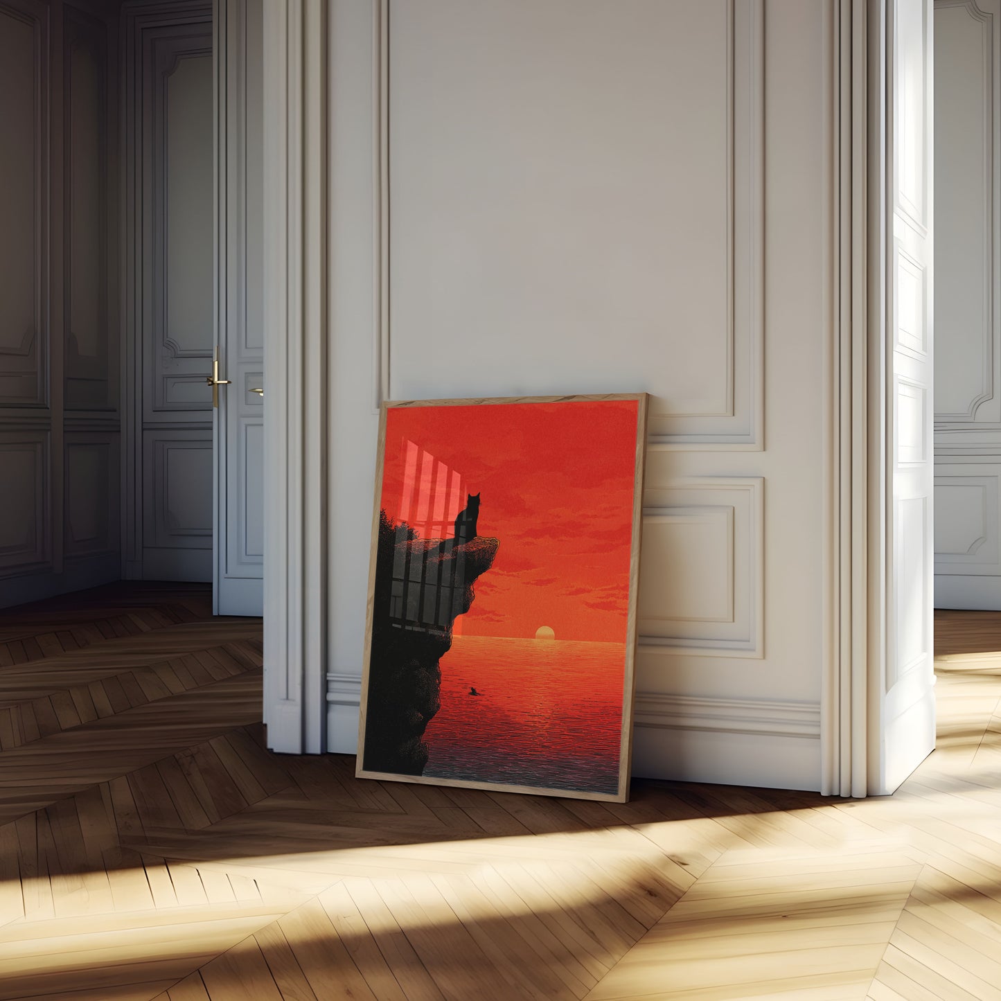 Kat ser på solnedgang plakat