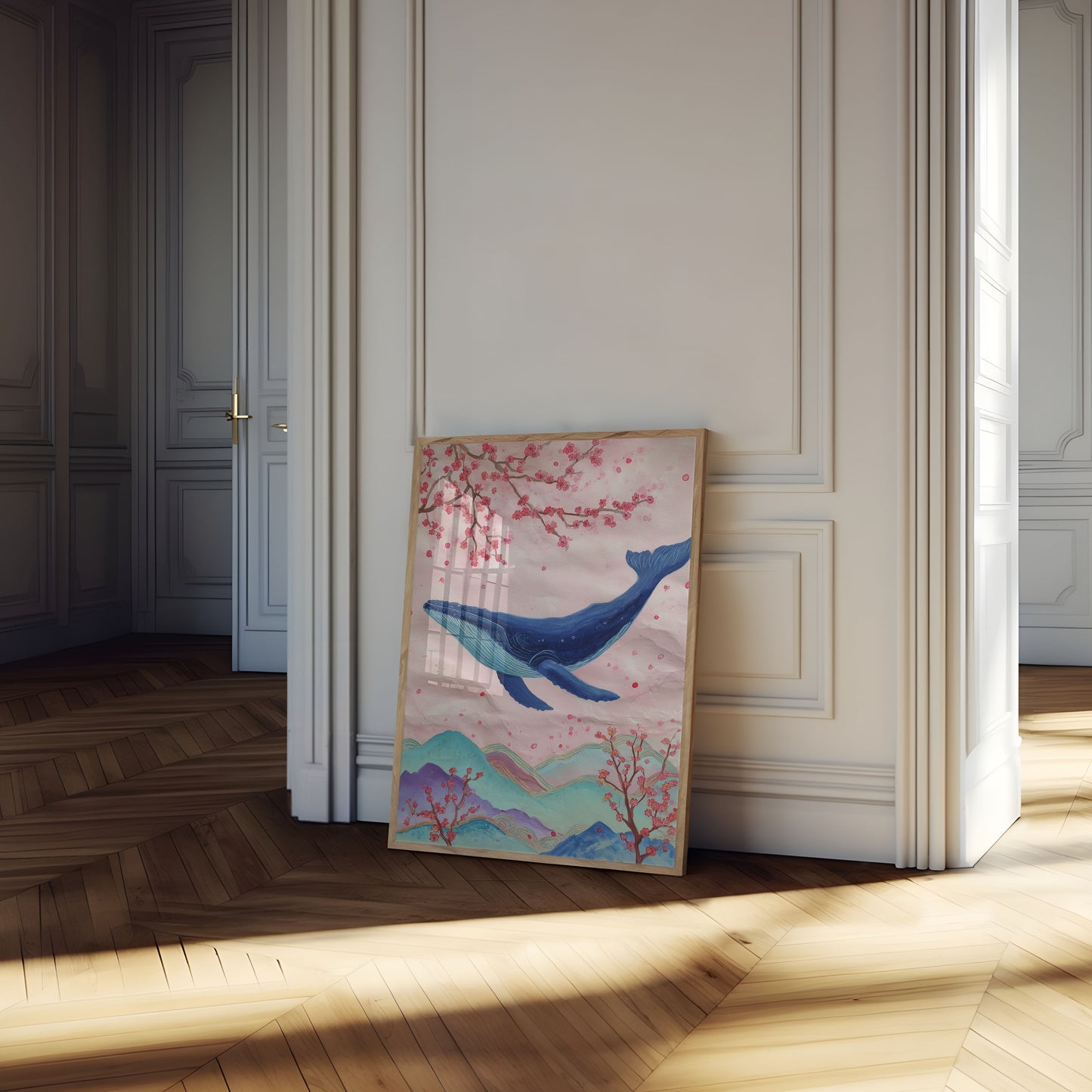 Plakat z Niebieskim Wielorybem i Kwiatem Wiśni