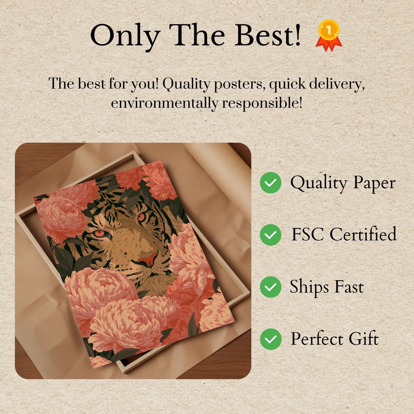 Tiger Among Pink Peonies Poster
