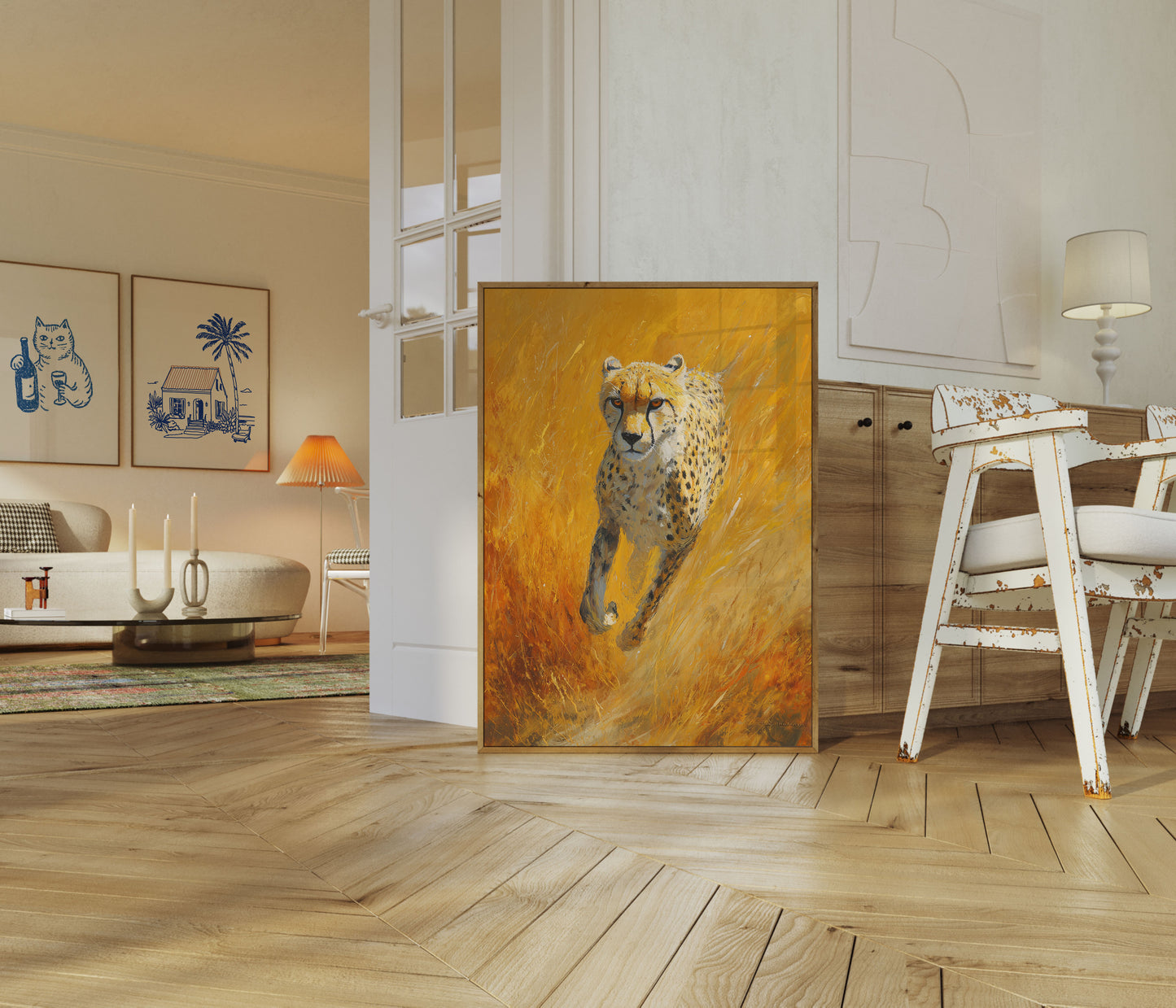 Cheetah die door gouden savanne rent poster