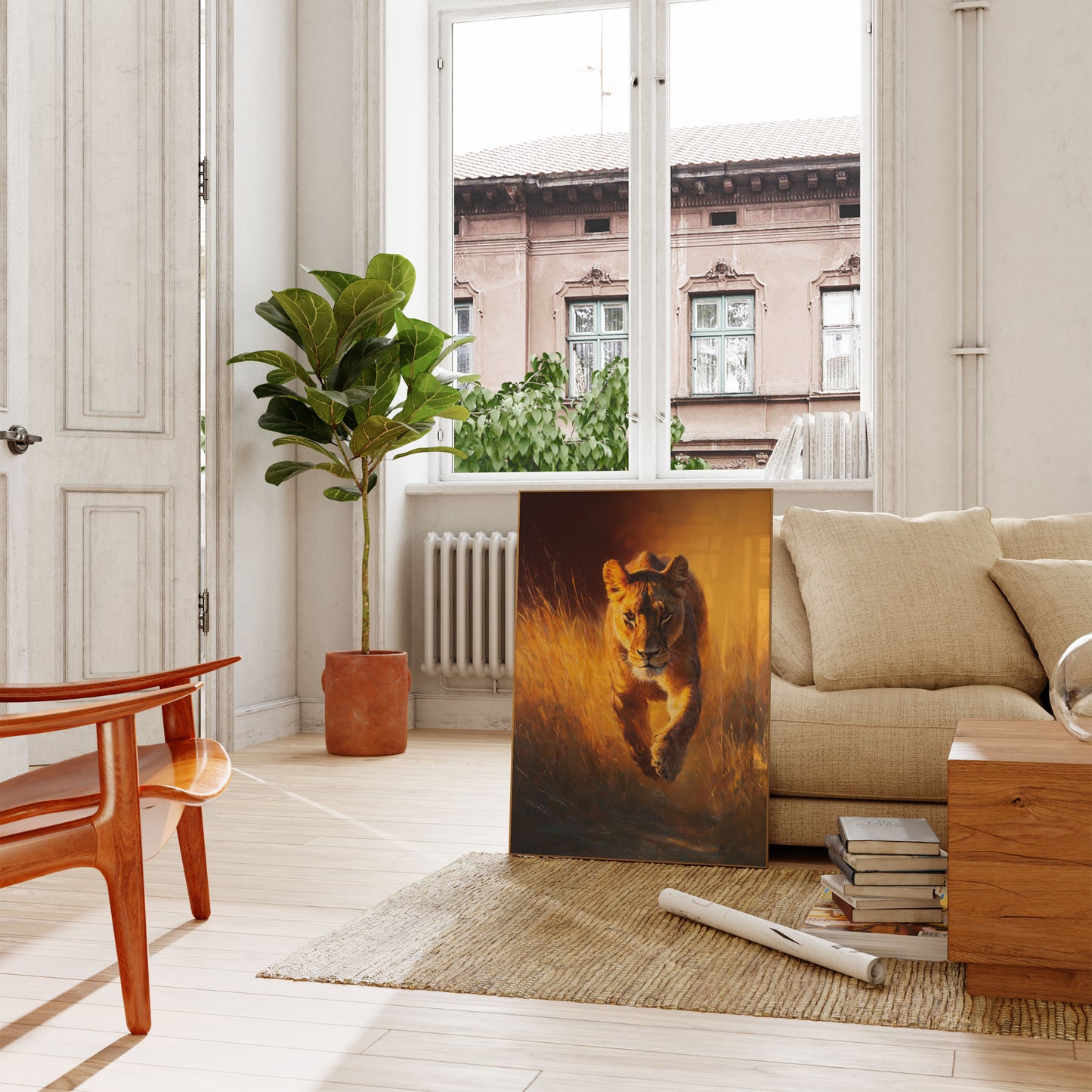 Golden Lion Walking Through Grassland Poster