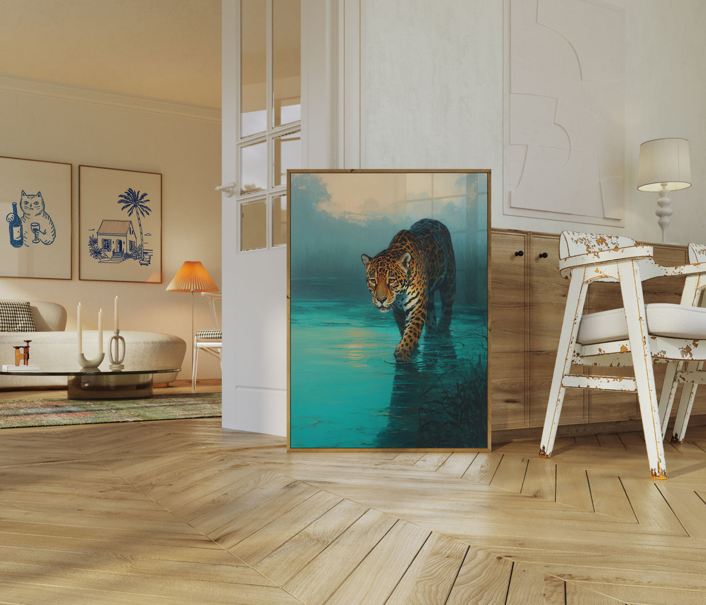 Jaguar Wading Through Turquoise Waters Poster