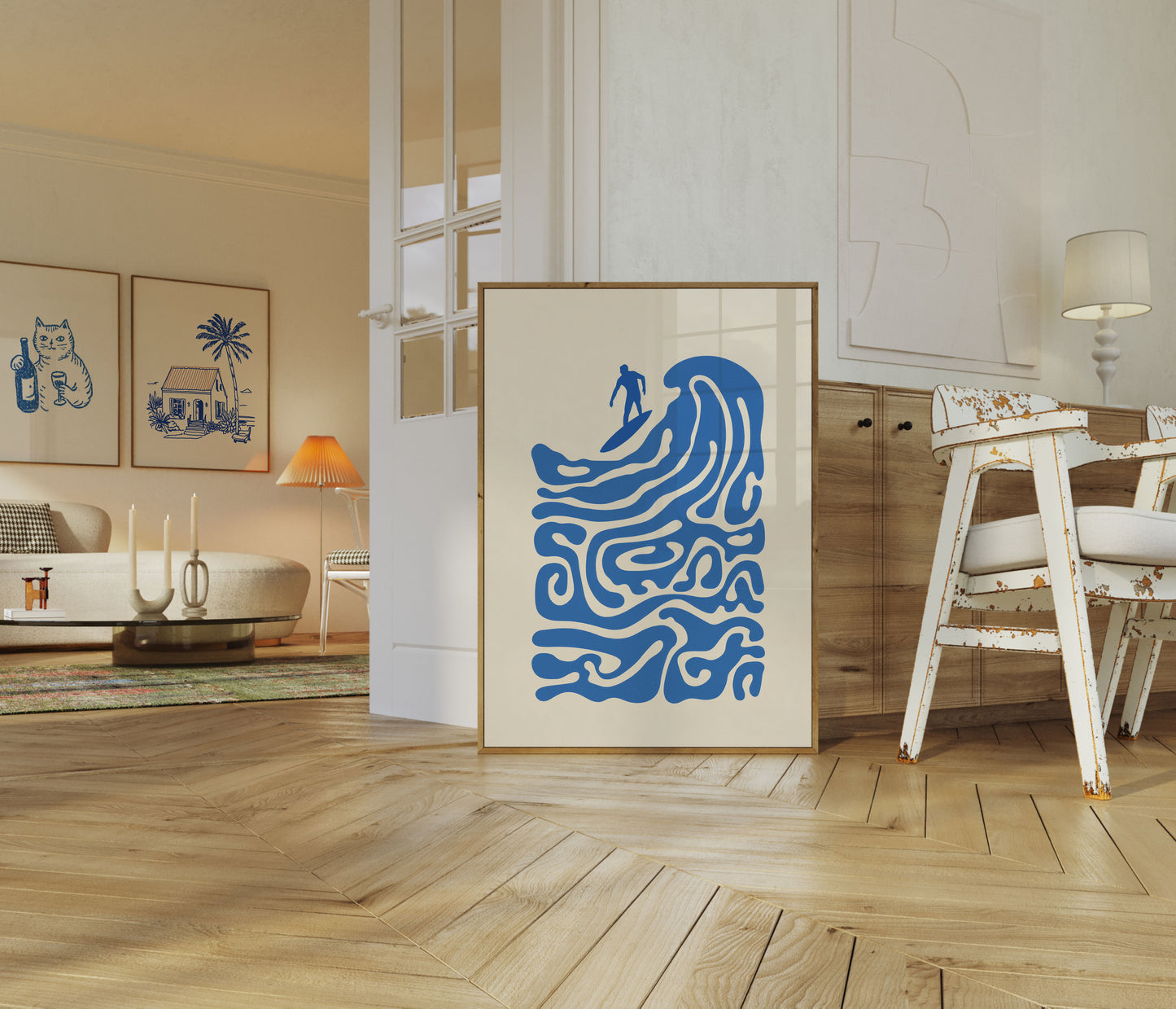 Plakat Surfera Jadącego na Falach Oceanu