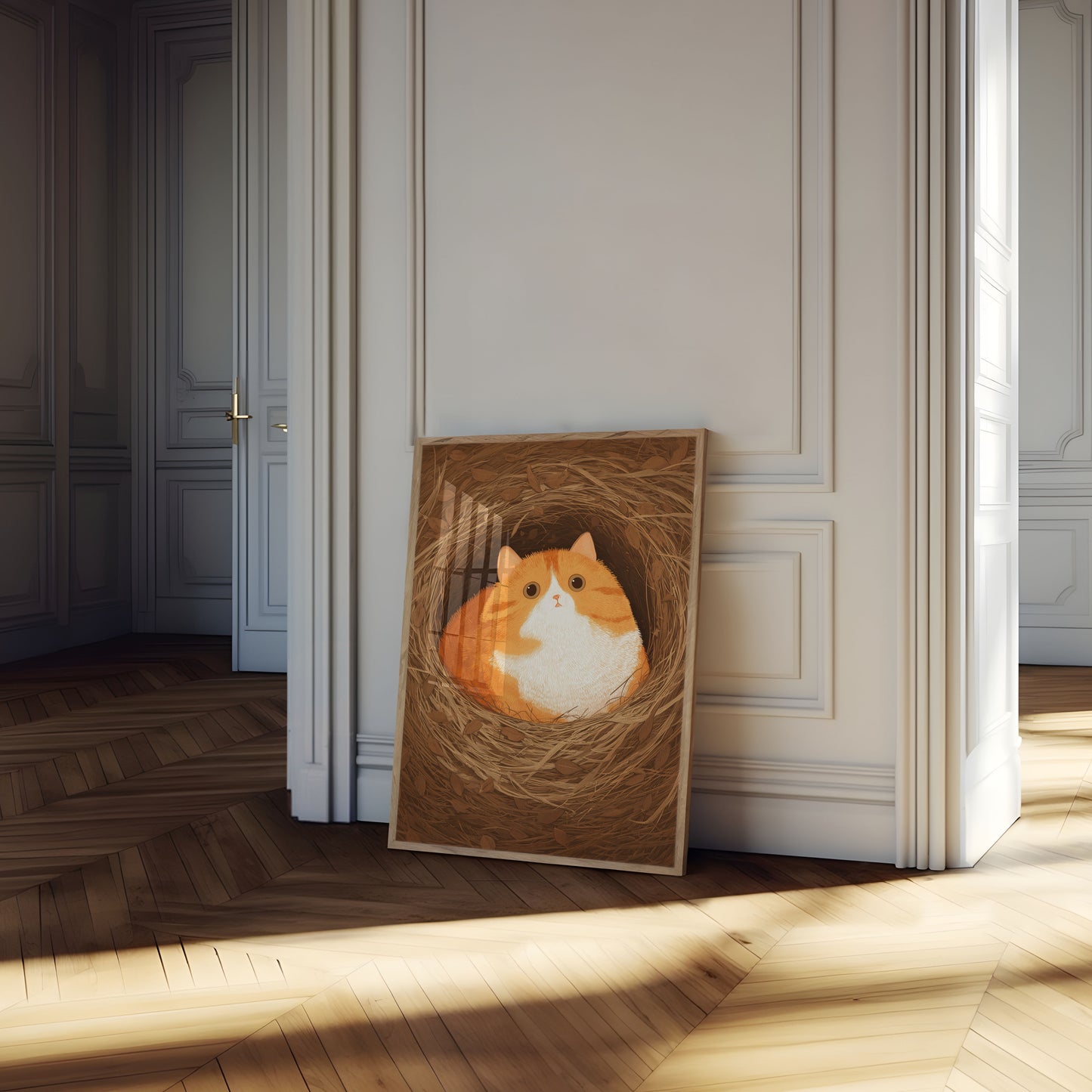 Gemütliche orangefarbene Katze im Nest Poster