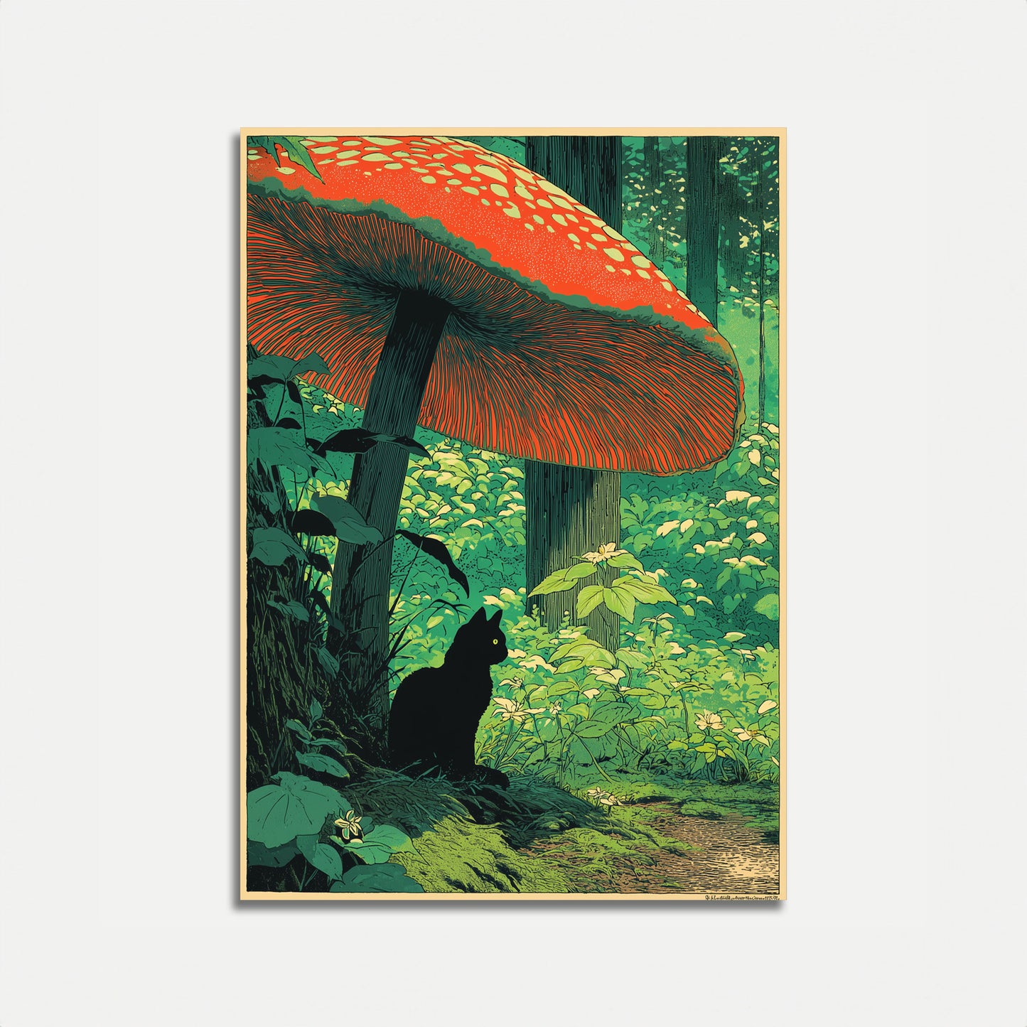 Sort kat under rød svamp plakat