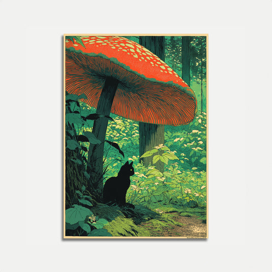 Affiche Chat Noir Sous Champignon Rouge