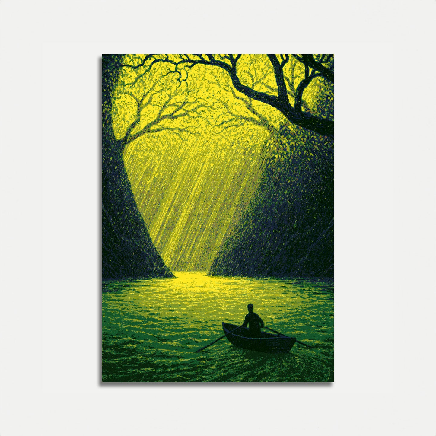 Póster: Barco Solitario en Bosque Luminoso