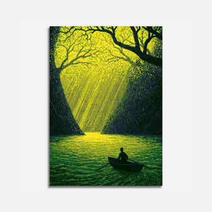 Póster: Barco Solitario en Bosque Luminoso