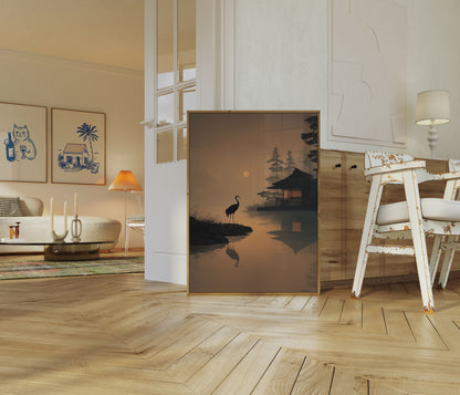 Misty Crane at Sunset Poster