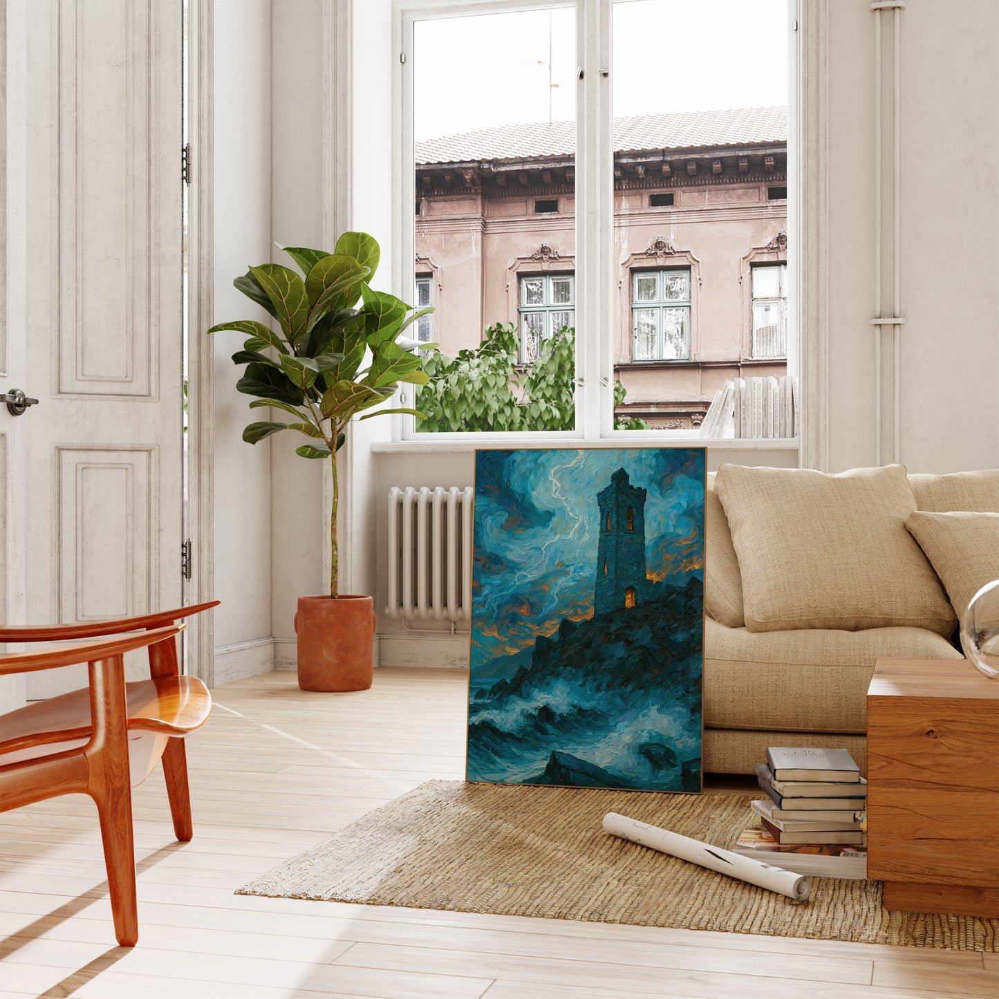 Stormy Tower Night Sky Poster