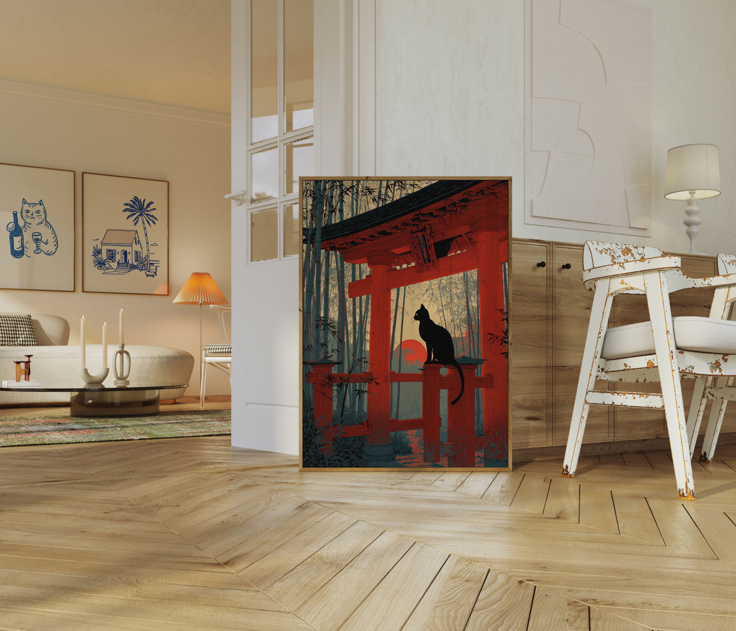 Schwarze Katze im roten Tempel Poster