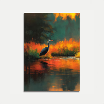 Heron in Fiery Sunset Poster