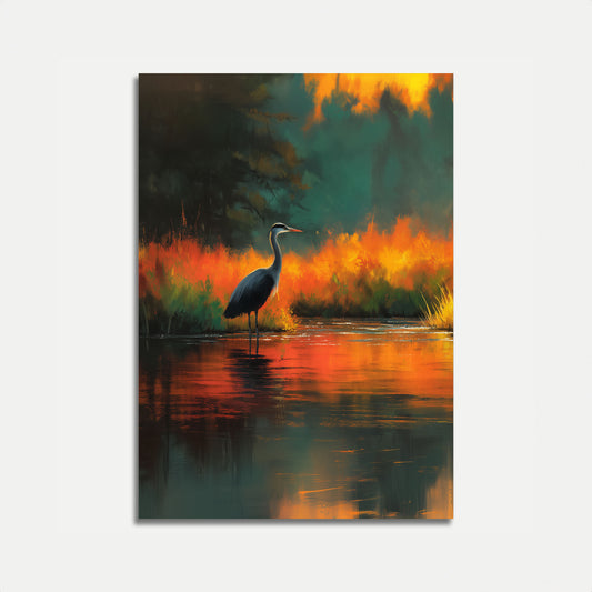 Póster de garza en un atardecer ardiente