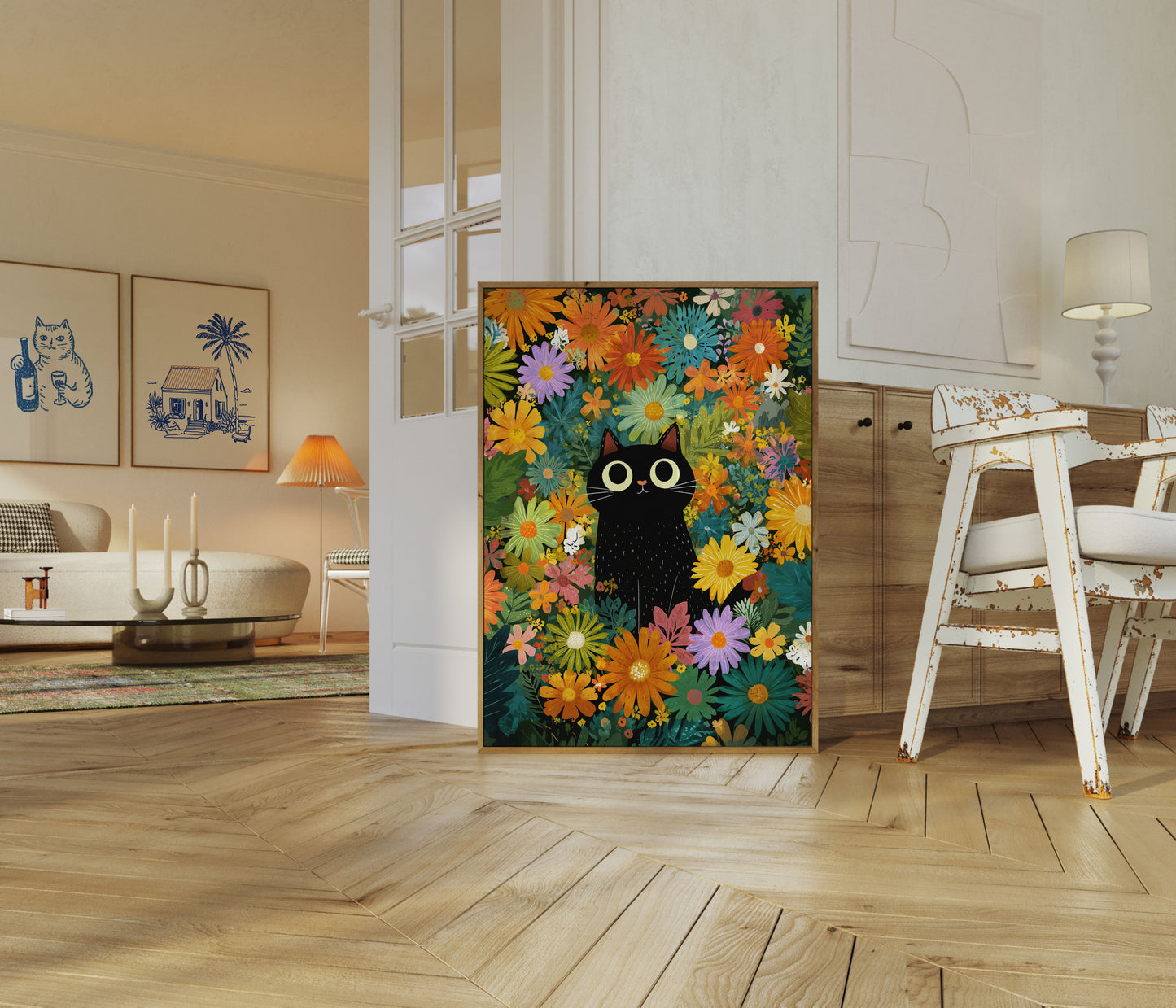 Póster de gato negro en un jardín de flores