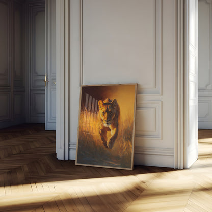 Golden Lion Walking Through Grassland Poster