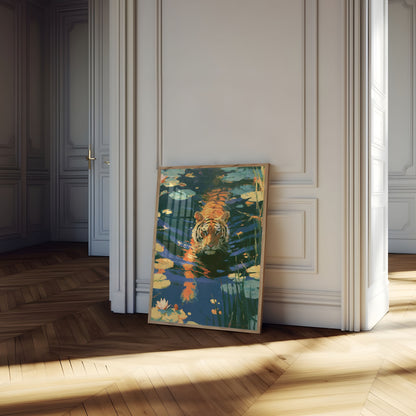 Tiger Swimming in Lily Pond Poster