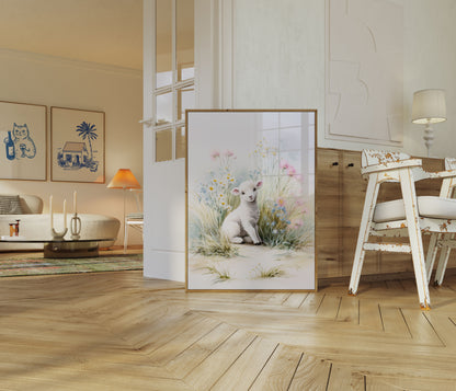 Innocent Lamb in Flower Meadow Poster