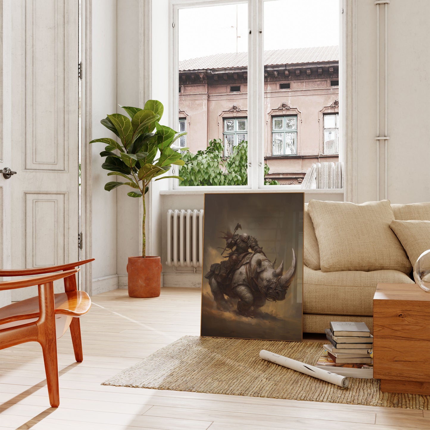 Póster de batalla del guerrero rinoceronte blindado