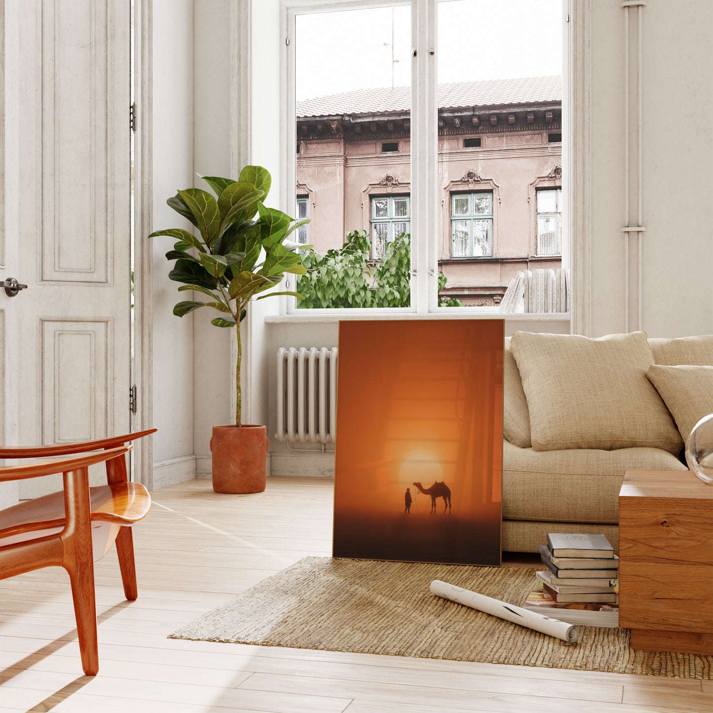 Plakát s siluetou velblouda při západu slunce v poušti