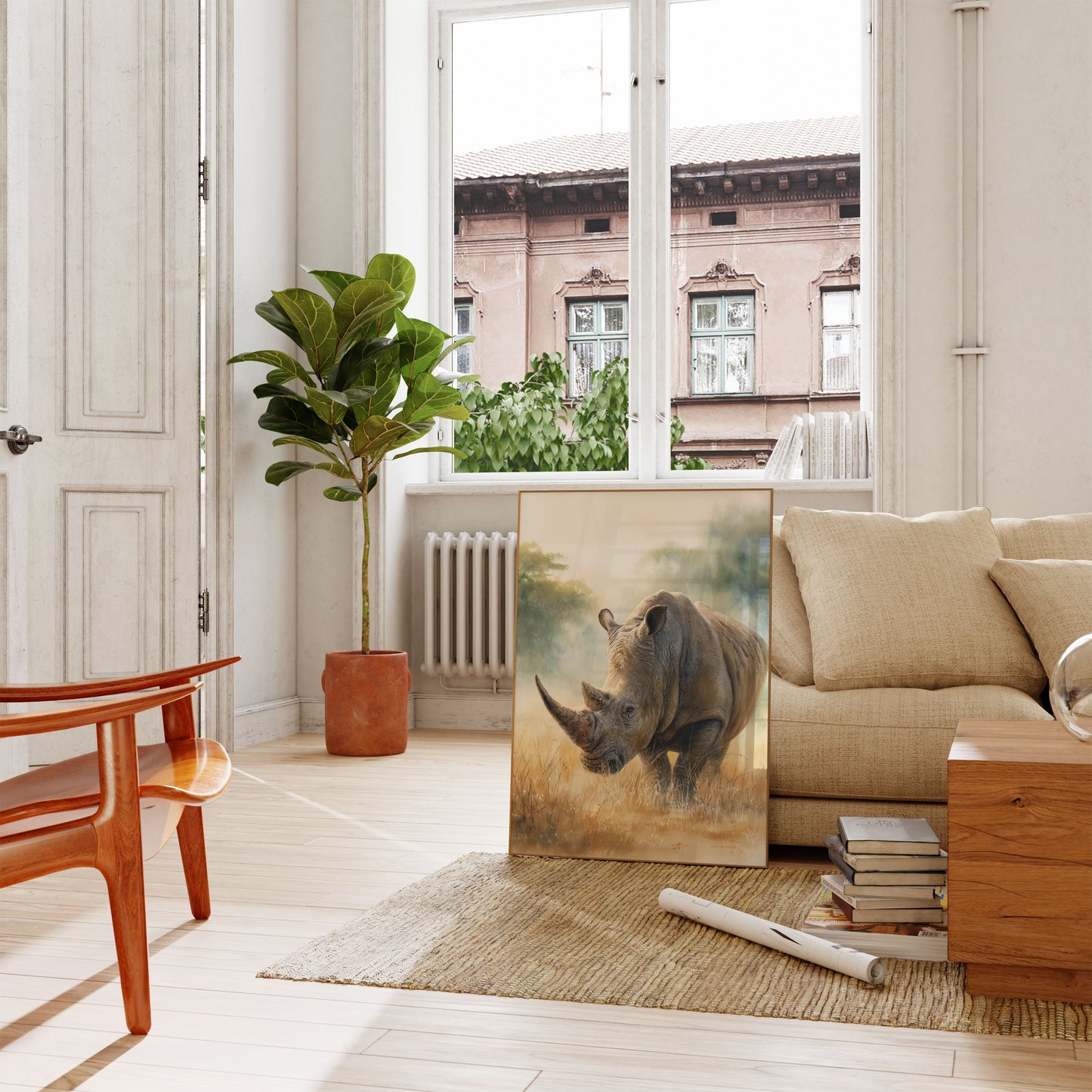 Póster de un majestuoso rinoceronte en la pradera