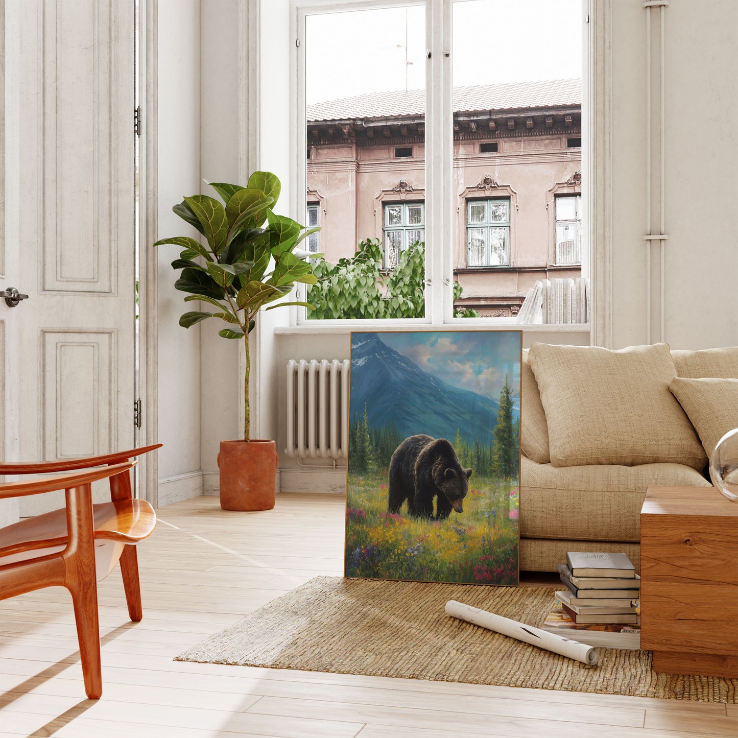 Urso em Prado de Flores Selvagens Alpinas Cartaz