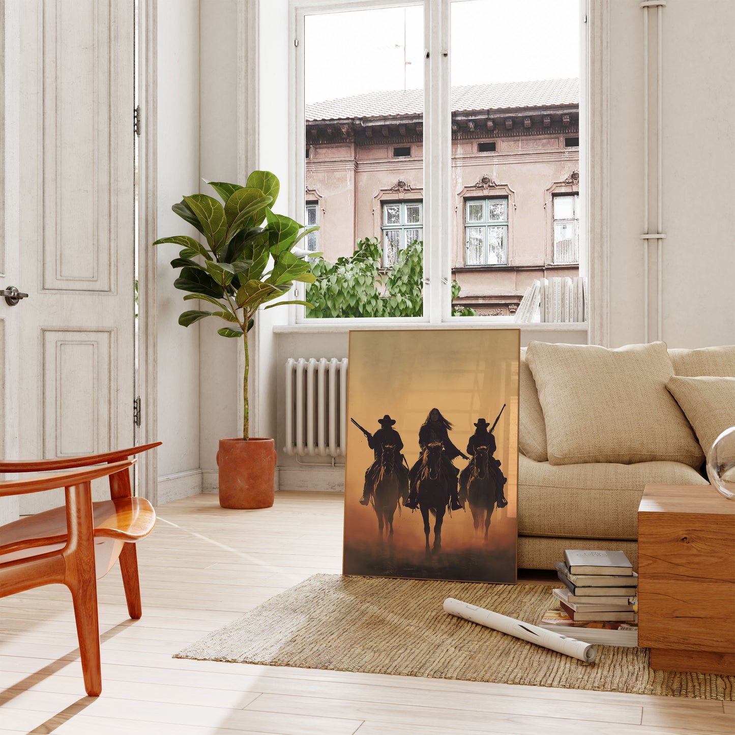 Drie Cowboys Woestijn Zonsondergang Poster