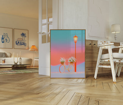Bicycle with Flowers at Sunset Poster