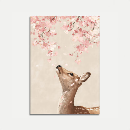 Deer Reaching for Cherry Blossoms Poster
