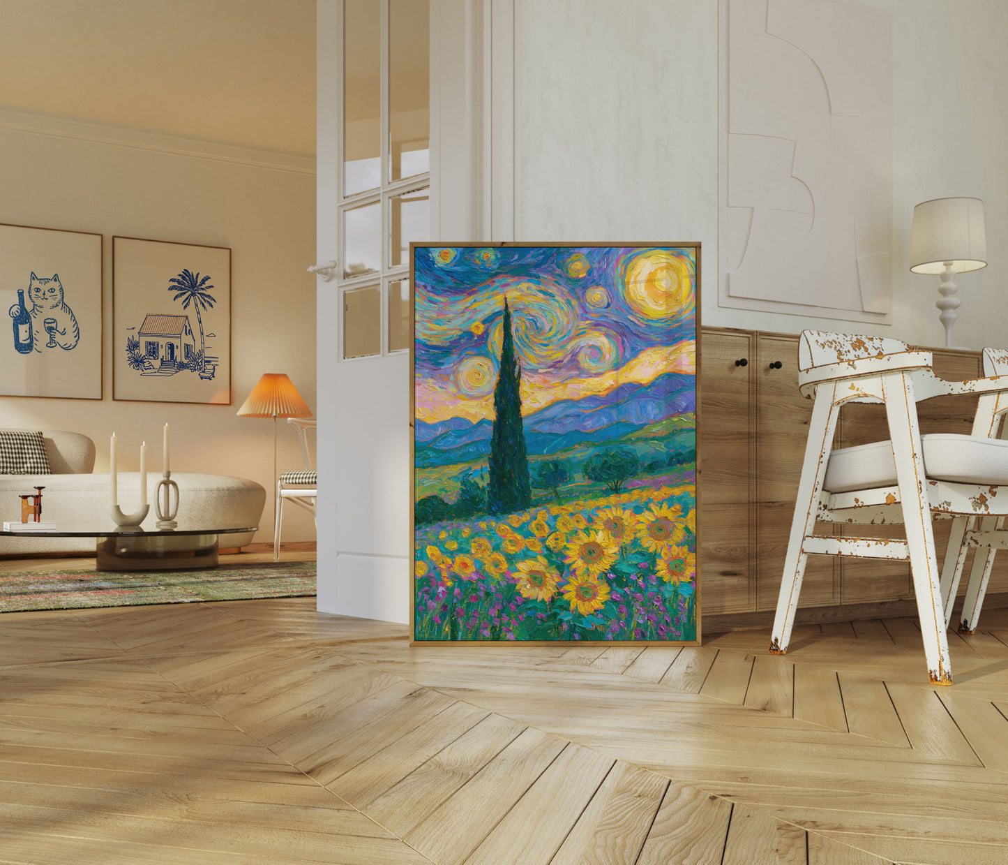 Starry Night Sunflower Field Poster