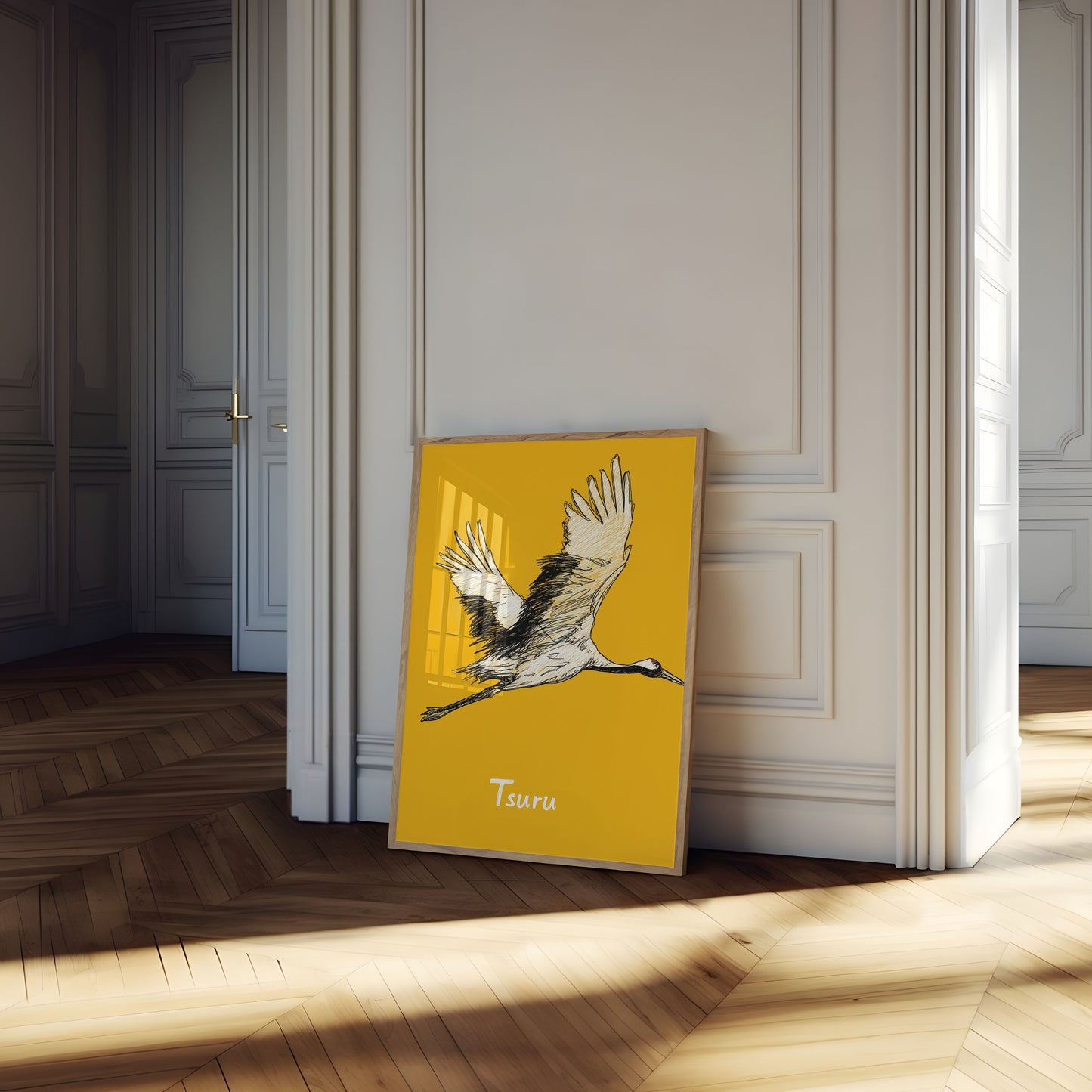 Póster de una grulla japonesa en vuelo