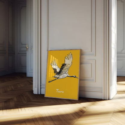 Póster de una grulla japonesa en vuelo