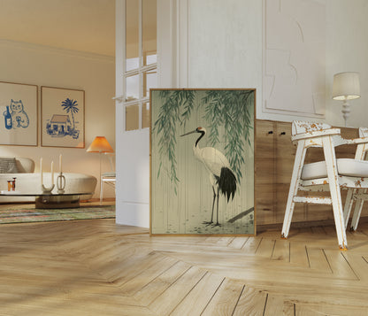 Elegant Crane with Willow Poster