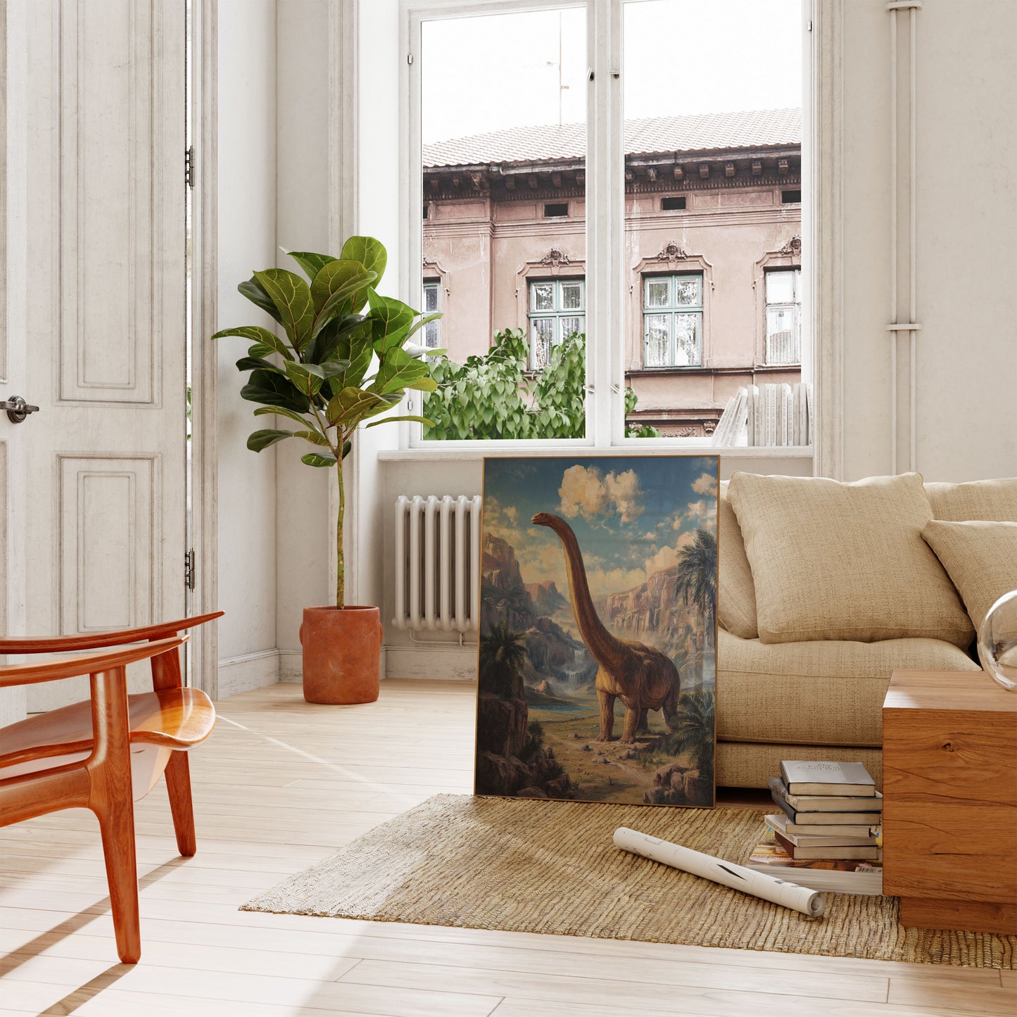 Póster de paisaje de dinosaurios antiguos