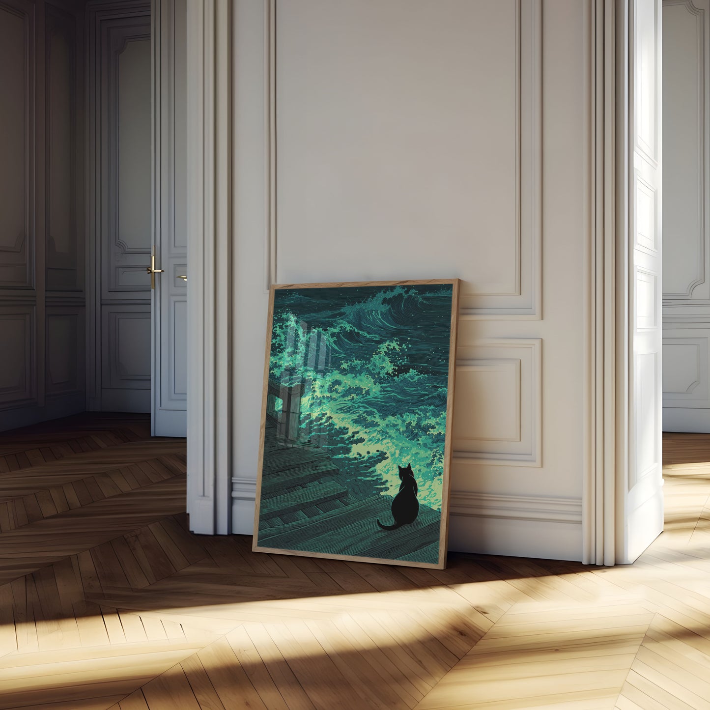 Poster del Gatto che Osserva le Onde Bioluminescenti